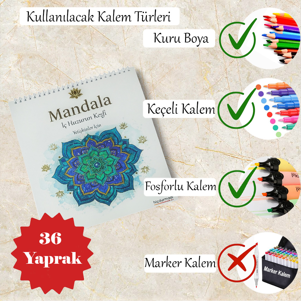 Yetişkinler İçin 36 Yaprak Karışık Desenli Mandala Boyama Kitabı Kalın Yapraklı 1 Adet