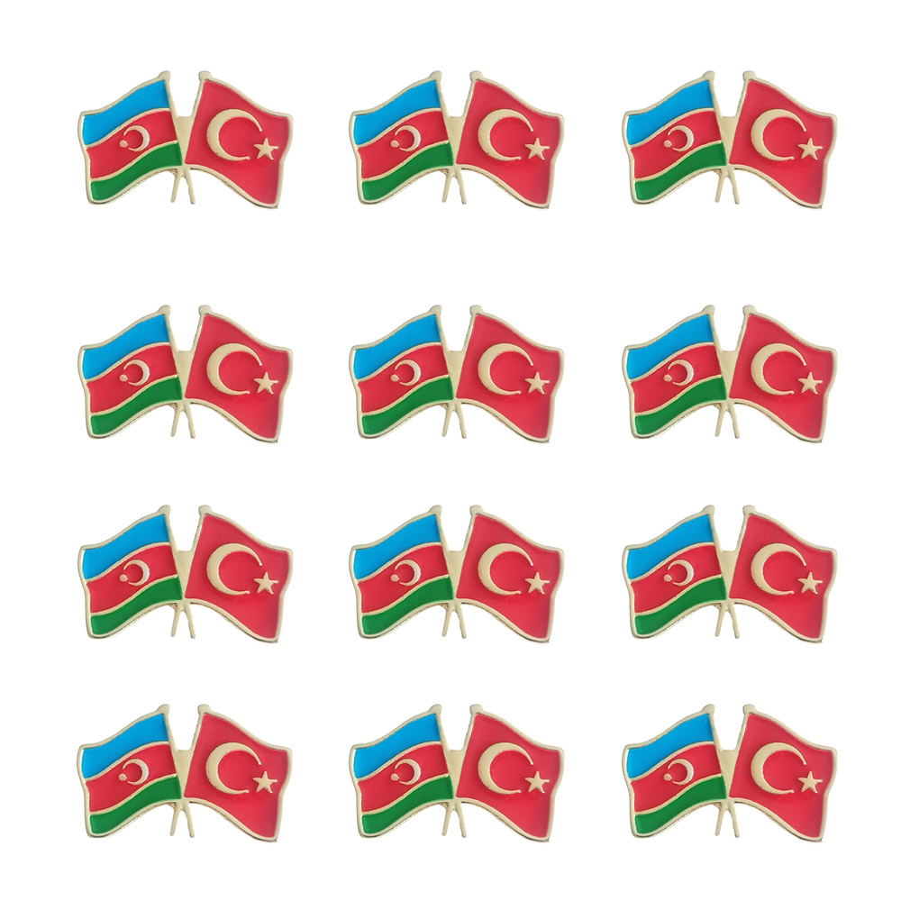 Azerbaycan Türkiye Flamalı Renkli Gold Renk Metal Rozet 1 Paket 12'li Azerbaycan Türkiye Flamalı Renkli Gold Renk Metal Rozet 1 Paket 12'li