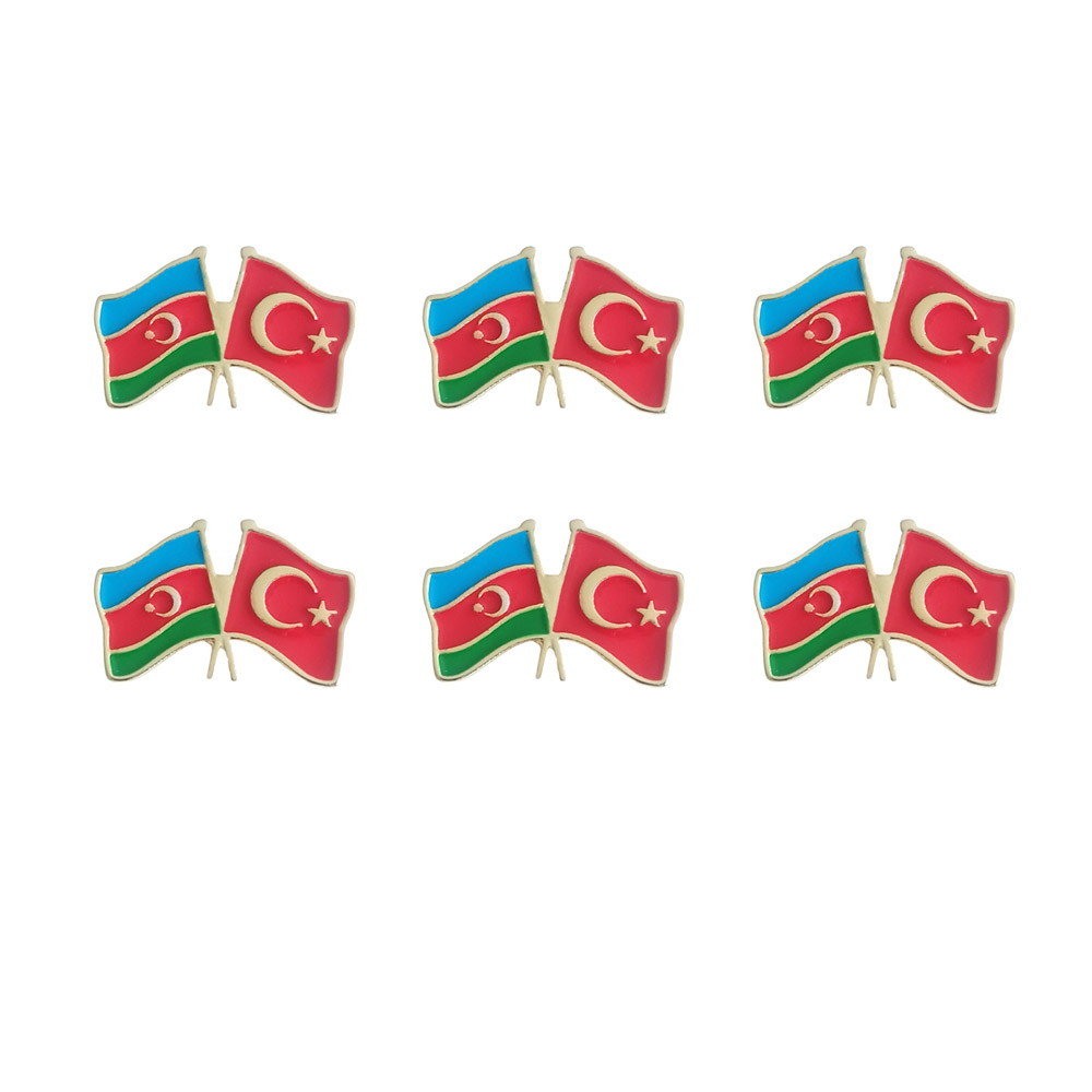 Azerbaycan Türkiye Flamalı Renkli Gold Renk Metal Rozet 1 Paket 6'lı Azerbaycan Türkiye Flamalı Renkli Gold Renk Metal Rozet 1 Paket 6'lı