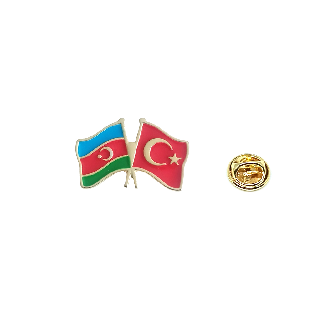 Azerbaycan Türkiye Flamalı Renkli Gold Renk Metal Rozet 1 Paket 6lı