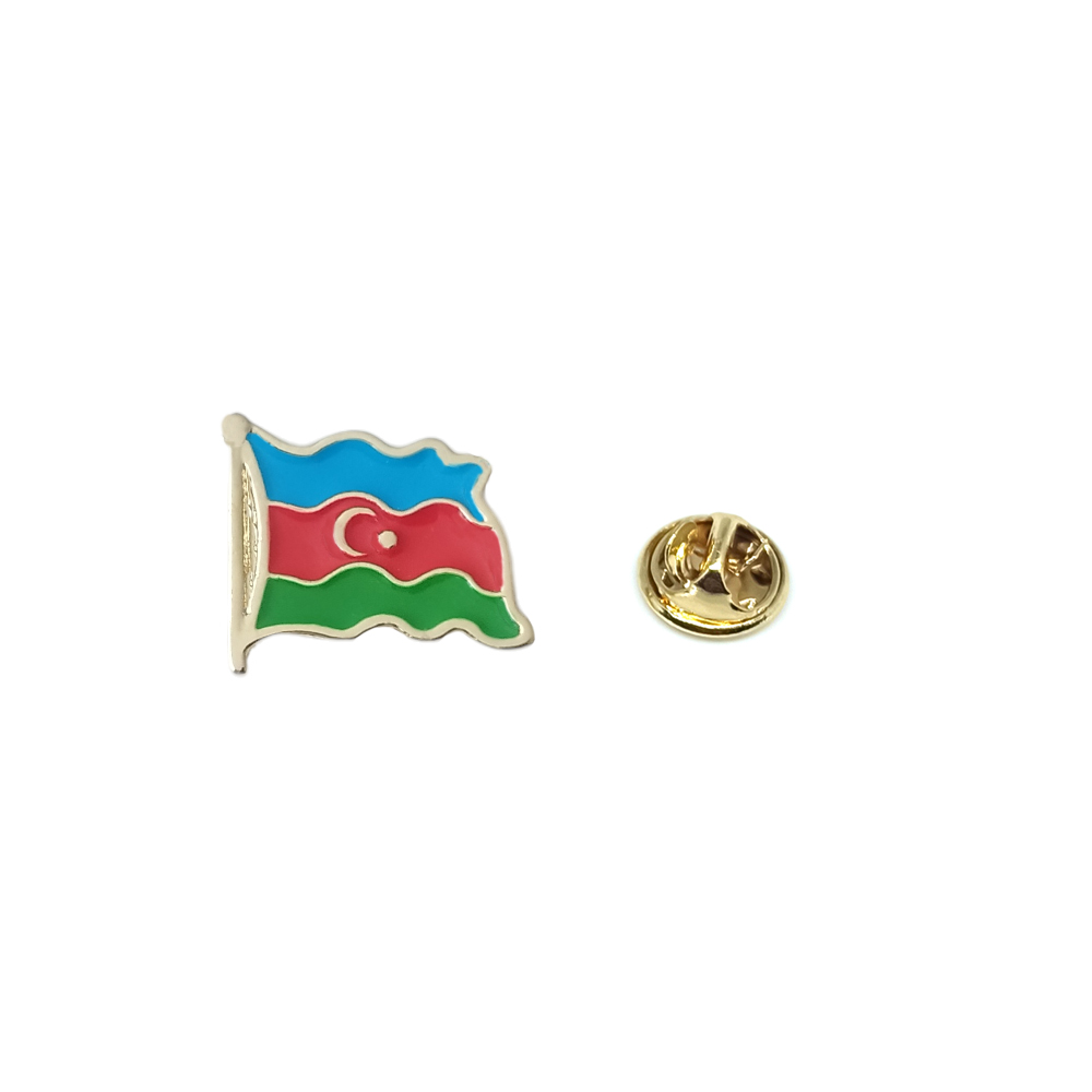Dalgalı Azerbaycan Bayrağı Tasarımlı Gold Renk Metal Rozet 1 Paket 12'li