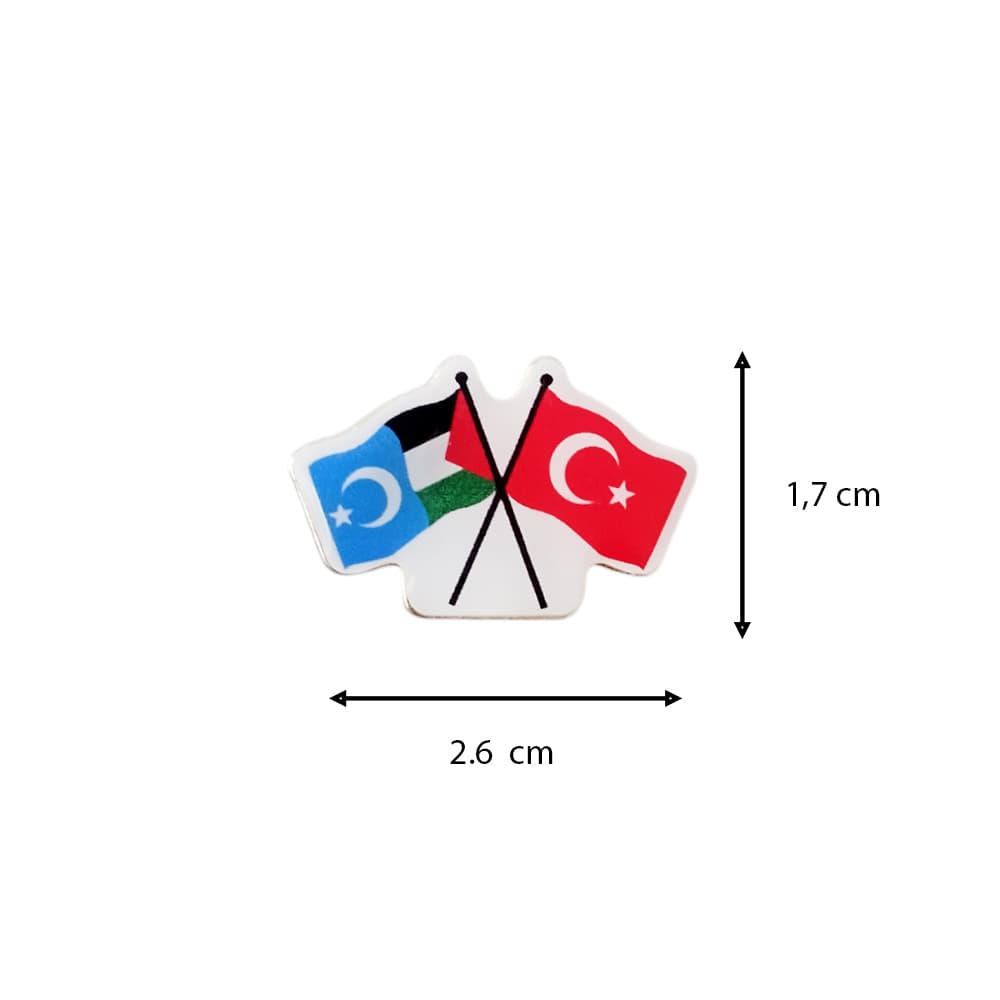 Doğu Türkistan Filistin ve Türk Bayrak Flamalı Yaka Rozeti 1 Paket 12li