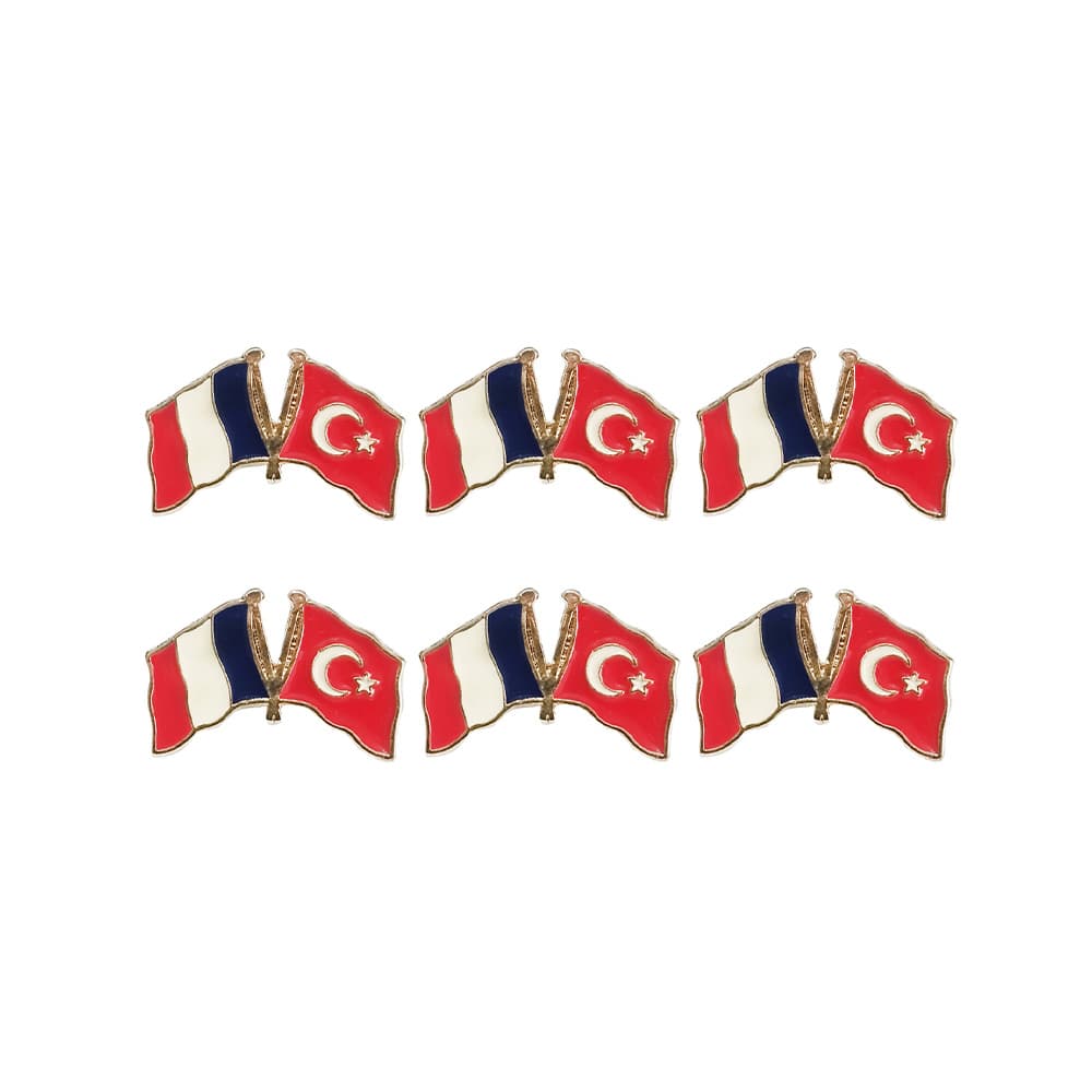 Fransa Türkiye Flamalı Gold Renk Metal Yaka Rozeti 1 Paket 6'lı Fransa Türkiye Flamalı Gold Renk Metal Yaka Rozeti 1 Paket 6'lı