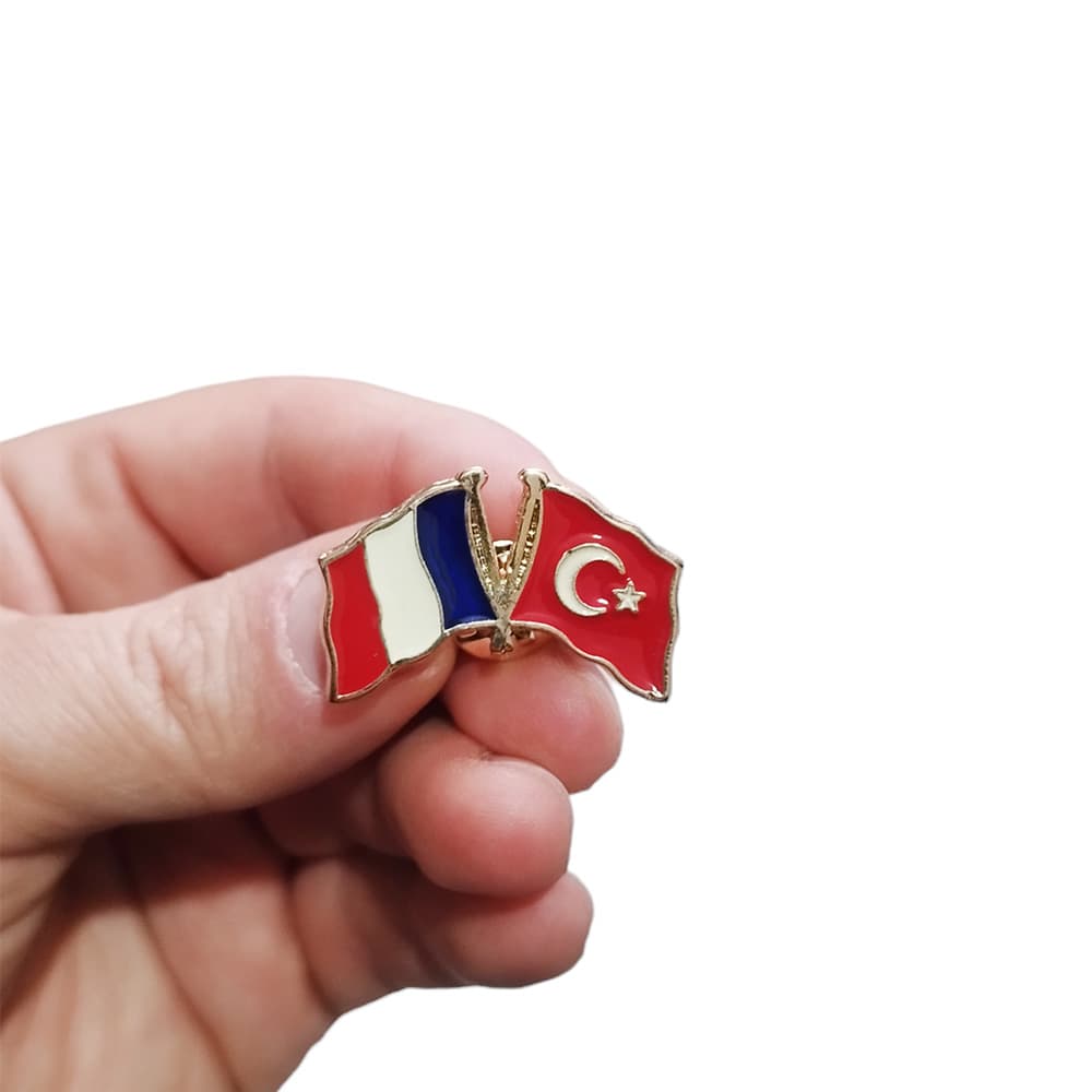 Fransa Türkiye Flamalı Gold Renk Metal Yaka Rozeti 1 Adet