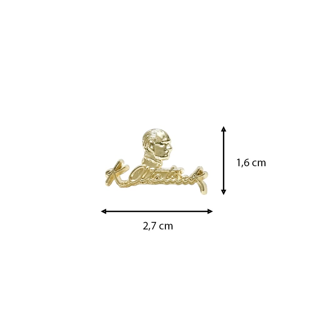 Atatürk Silüet İmza Tasarımlı Gold Renk Metal Yaka Rozeti 1 Paket 12li
