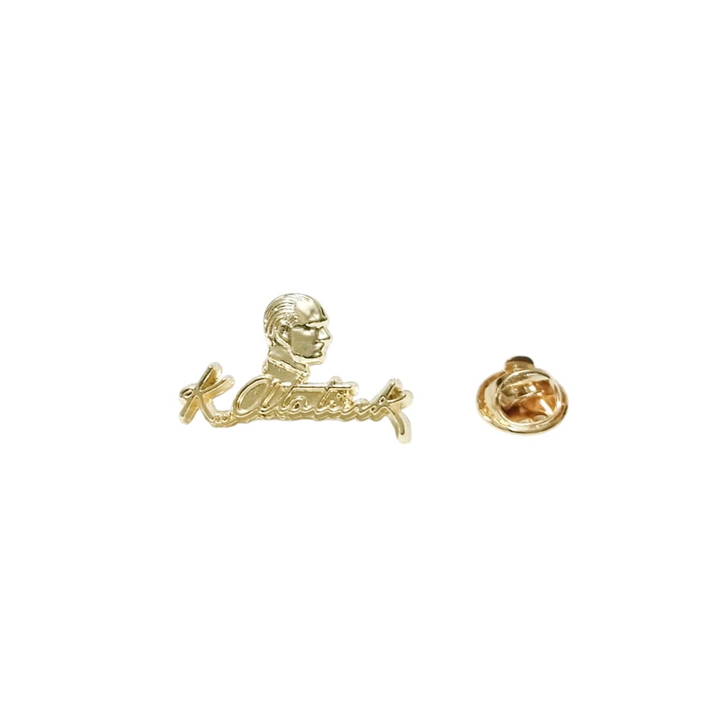 Atatürk Silüet İmza Tasarımlı Gold Renk Metal Yaka Rozeti 1 Paket 12li