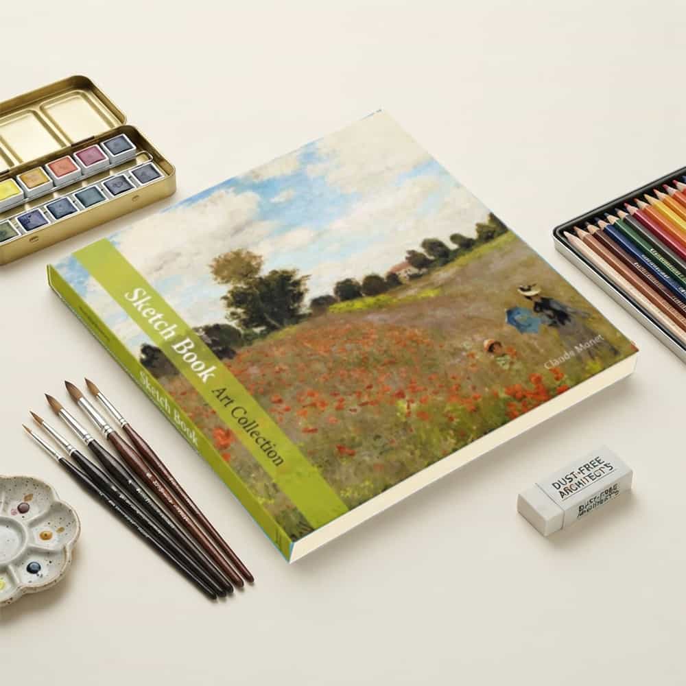 Claude Monet Gelincik Tarlası Tasarımlı 20x20 cm Karakalem Eskiz Defteri (60 Yaprak)