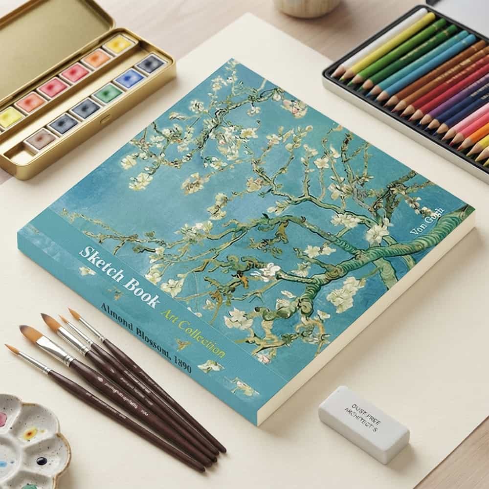 Van Gogh Badem Çiçeği Tasarımlı 20x20 cm Karakalem Eskiz Defteri (60 Yaprak)