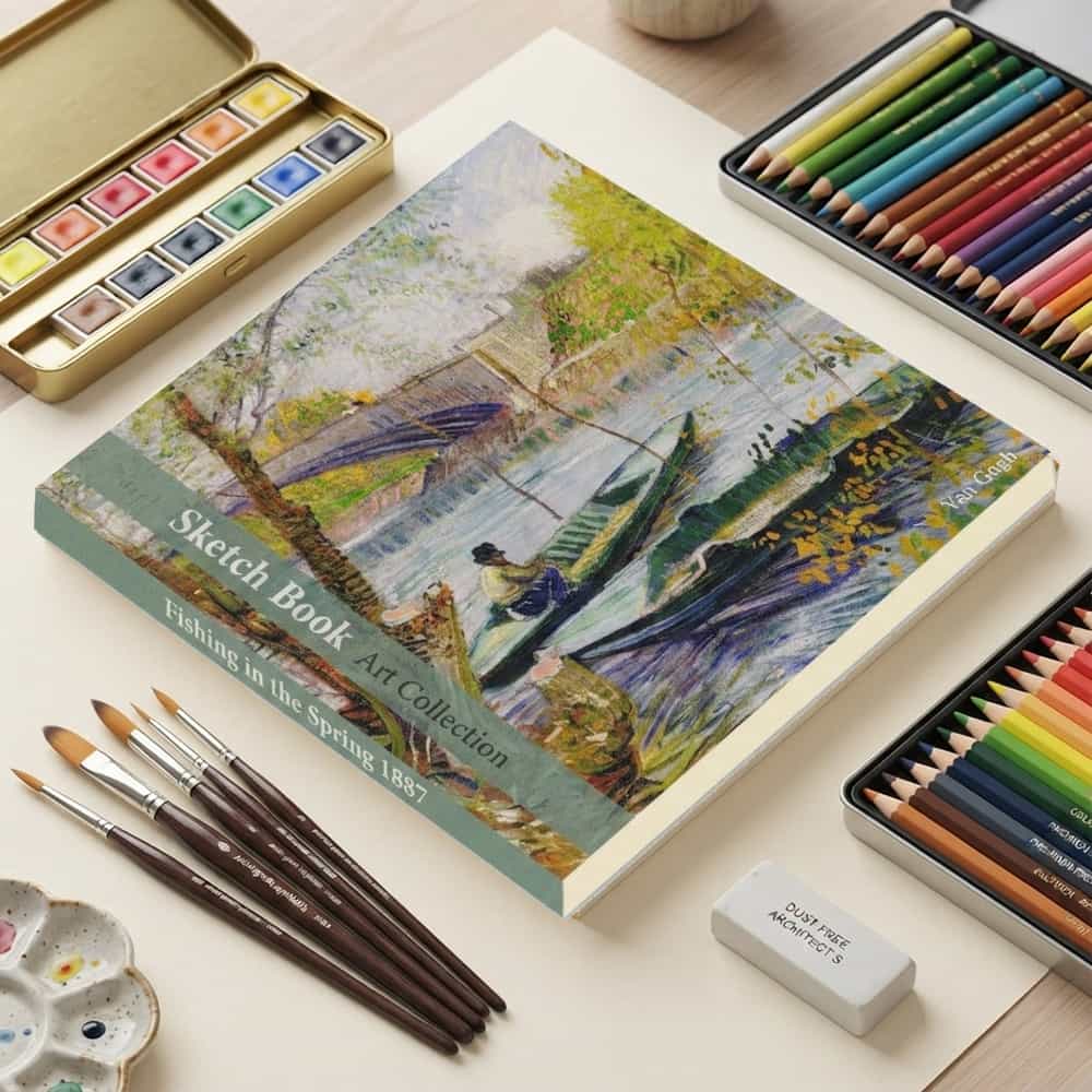 Van Gogh İlkbaharda Balık Avı Tasarımlı 20x20 cm Karakalem Eskiz Defteri (60 Yaprak)