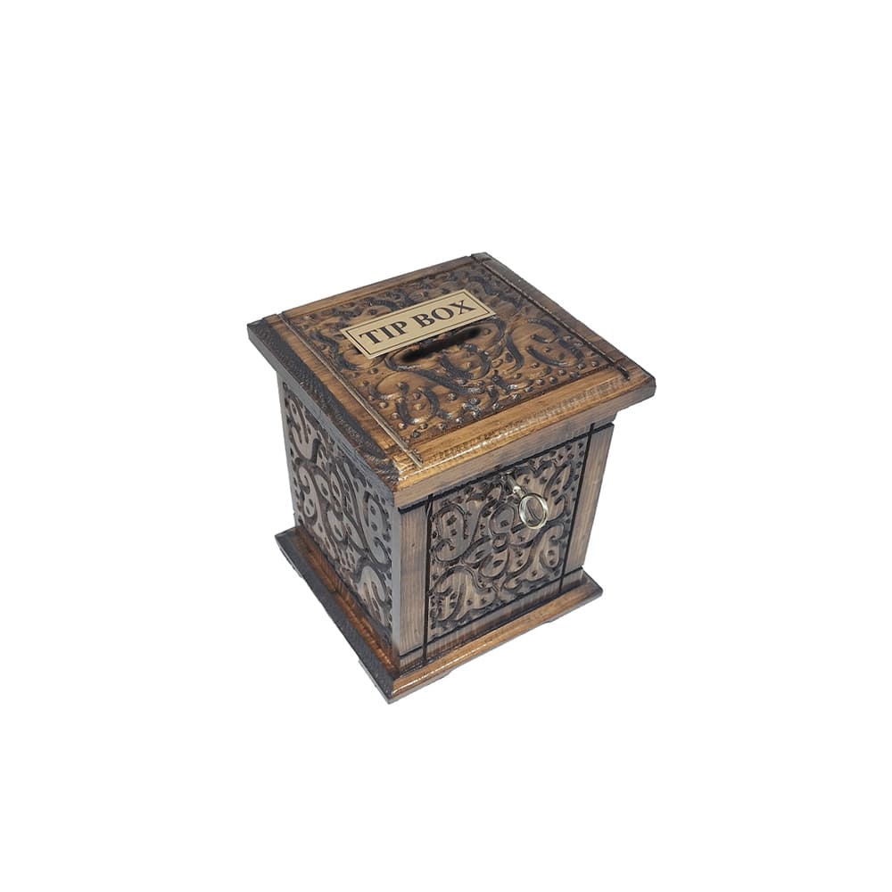 Oyma Desenli Ahşap Dikey Tip box Bahşiş Kutusu 1 Adet